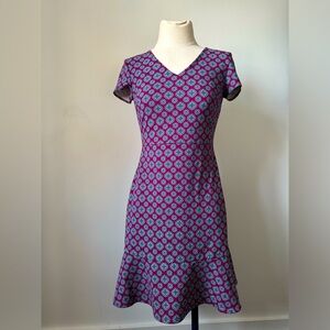 Banana Republic Purple & Navy Mosaic Print Peplum hem Dress, Size 0P